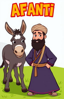 A cartoonish scene featuring a man standing beside a donkey