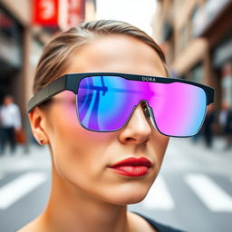 A state-of-the-art pair of technological glasses branded as 'Dora', featuring reflective lenses that showcase a captivating gradient from blue to pink