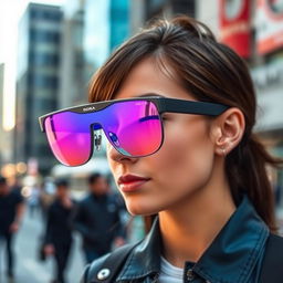 A state-of-the-art pair of technological glasses branded as 'Dora', featuring reflective lenses that showcase a captivating gradient from blue to pink