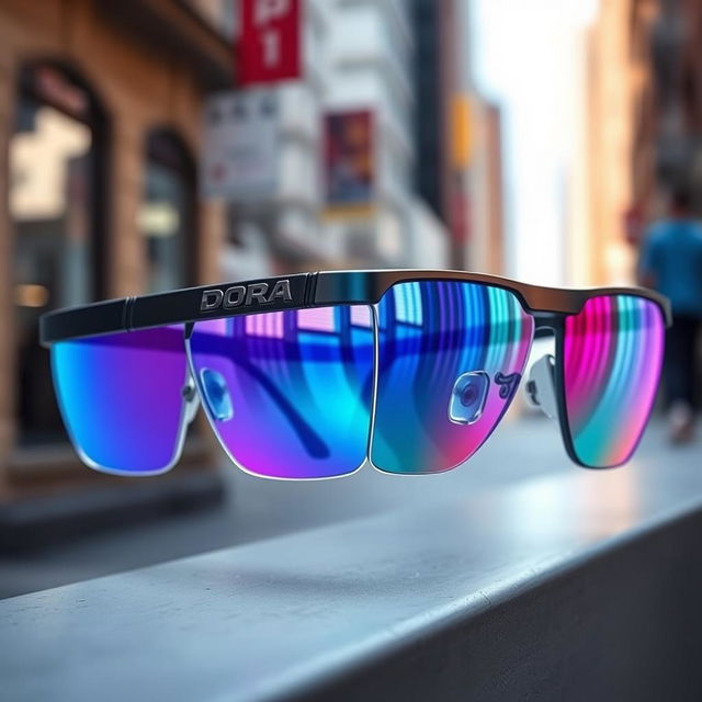 A state-of-the-art pair of technological glasses branded as 'Dora', featuring reflective lenses that showcase a captivating gradient from blue to pink