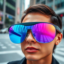 A state-of-the-art pair of technological glasses branded as 'Dora', featuring reflective lenses that showcase a captivating gradient from blue to pink