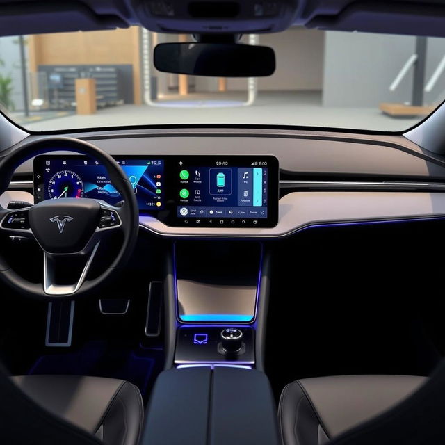 A modern electric car multimedia dashboard, featuring a sleek and futuristic design