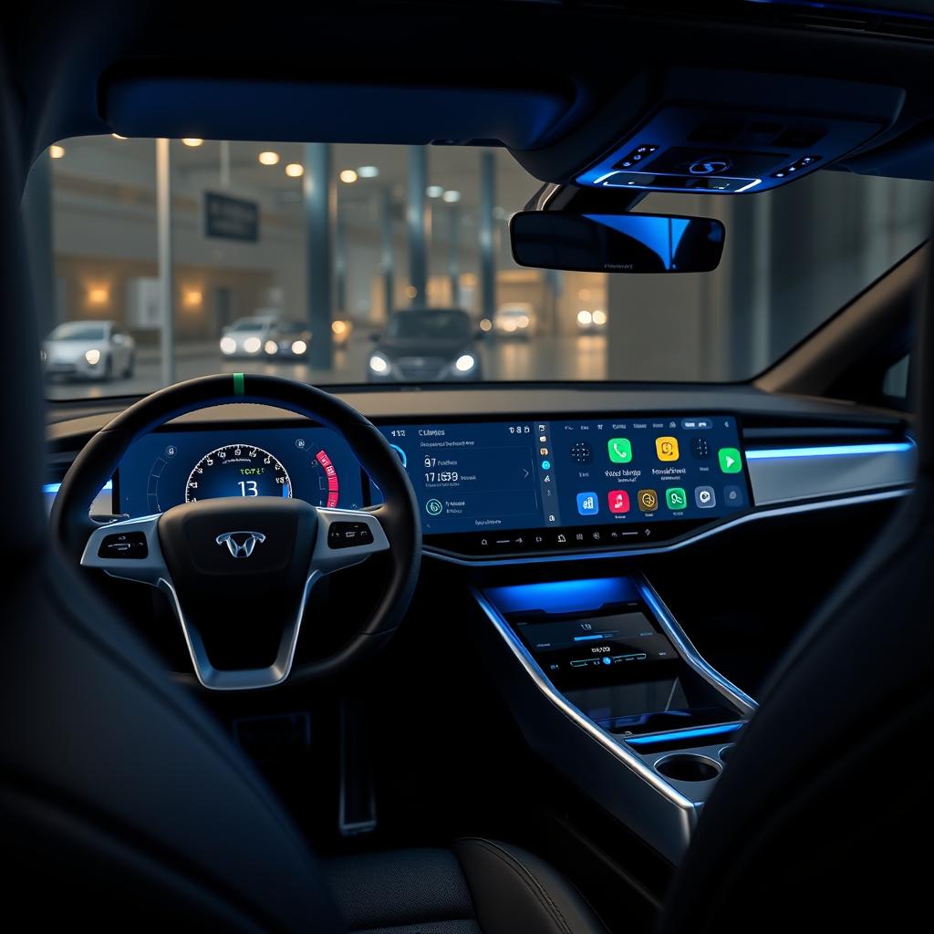 A modern electric car multimedia dashboard, featuring a sleek and futuristic design