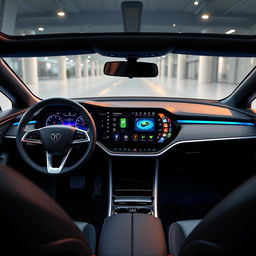 A modern electric car multimedia dashboard, featuring a sleek and futuristic design