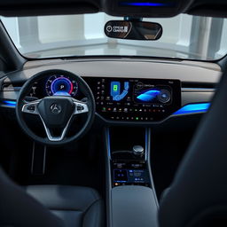 A modern electric car multimedia dashboard, featuring a sleek and futuristic design