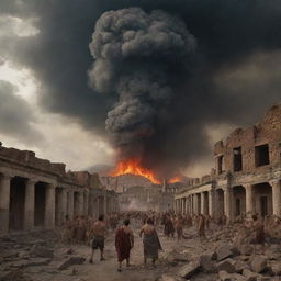 A dramatic scene of the last day of Pompeii, featuring panicked citizens amidst collapsing buildings under a cloud-choked sky, reflecting the imminent volcanic eruption with its fiery debris and ash, in a style reminiscent of romantic historical painting.