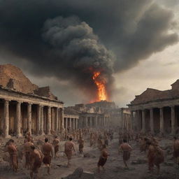 A dramatic scene of the last day of Pompeii, featuring panicked citizens amidst collapsing buildings under a cloud-choked sky, reflecting the imminent volcanic eruption with its fiery debris and ash, in a style reminiscent of romantic historical painting.