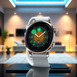 A sleek, modern smartwatch with an intelligent AI interface displayed on its screen