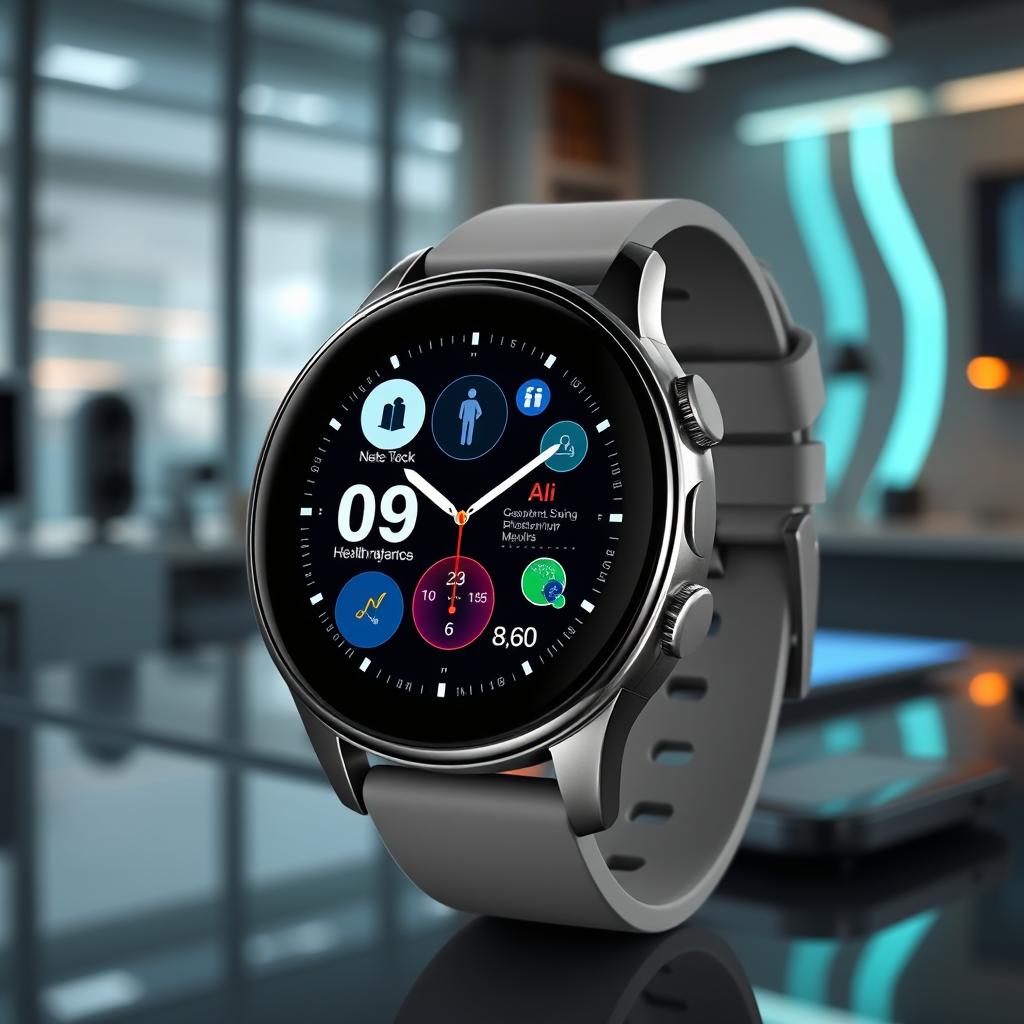 A sleek, modern smartwatch with an intelligent AI interface displayed on its screen