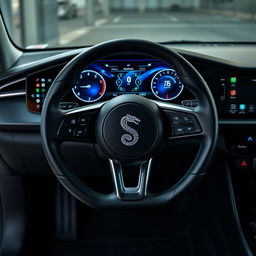 A modern electric car multimedia dashboard with a striking design, featuring a large touchscreen interface displaying vibrant graphics for navigation and entertainment