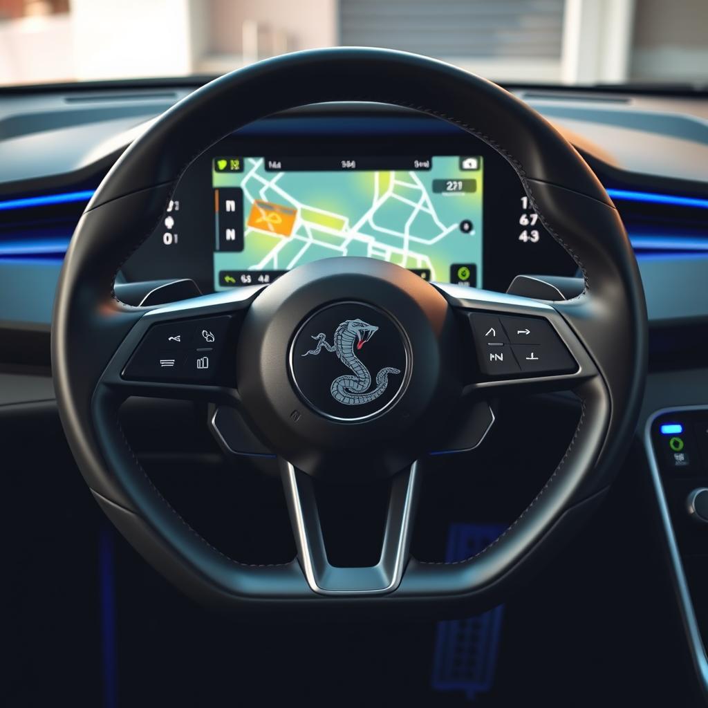 A modern electric car multimedia dashboard with a striking design, featuring a large touchscreen interface displaying vibrant graphics for navigation and entertainment