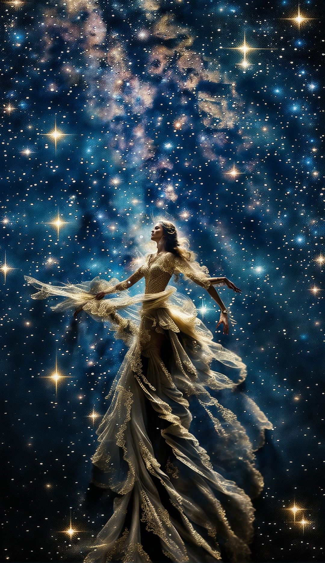 Double exposure image of a stardust goddess walking across the Milky Way in a long gown with gold embroidery, captured in 36k resolution with intricate detail and unfiltered.