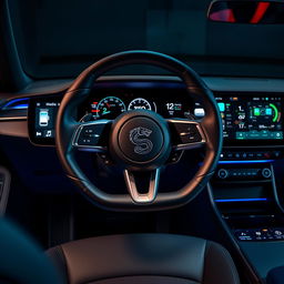A modern electric car multimedia dashboard with a striking design, featuring a large touchscreen interface displaying vibrant graphics for navigation and entertainment