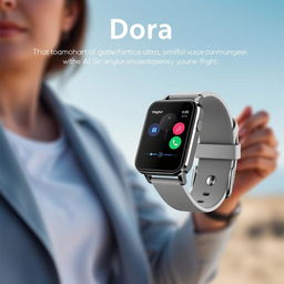 A sleek and modern high-tech smartwatch branded as 'Dora', designed with a polished touchscreen interface