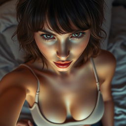 An intimate top view close-up portrait of a beautiful woman named Anikhas, showcasing an extreme close-up of her face with glossy lips and shaggy hair
