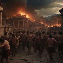 A tumultuous scene capturing the last day of Pompeii, illustrating the chaos of the people and the devastation of the city in dramatic lighting, rich textures, and intense emotions characteristic of Baroque-style art.