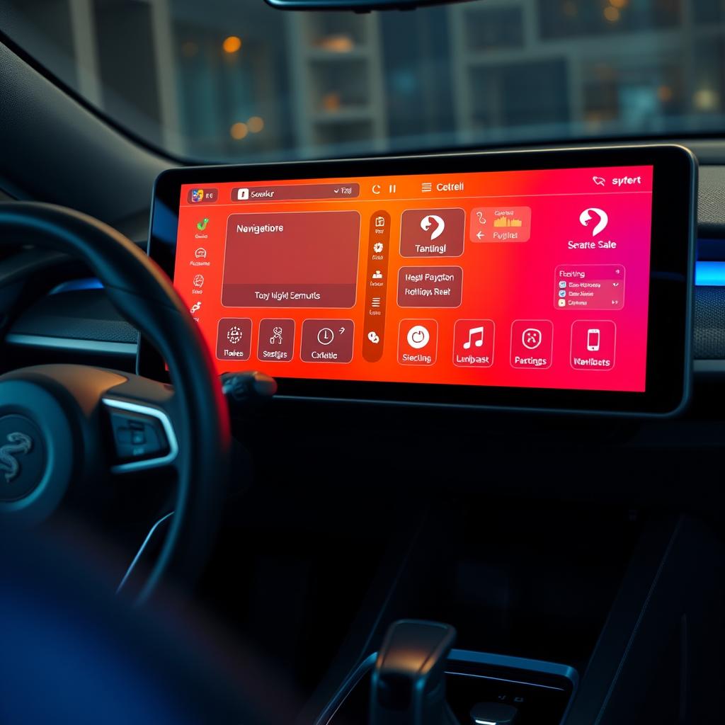 A detailed view of a modern electric car multimedia dashboard, prominently featuring a large touchscreen display with vibrant, high-resolution graphics