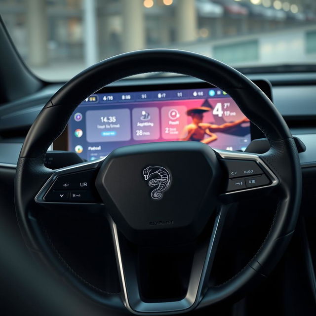 A detailed view of a modern electric car multimedia dashboard, prominently featuring a large touchscreen display with vibrant, high-resolution graphics