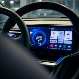 A detailed view of a modern electric car multimedia dashboard, prominently featuring a large touchscreen display with vibrant, high-resolution graphics