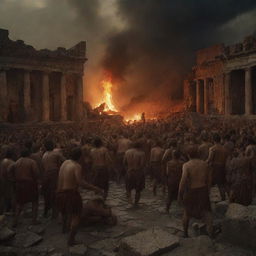 A tumultuous scene capturing the last day of Pompeii, illustrating the chaos of the people and the devastation of the city in dramatic lighting, rich textures, and intense emotions characteristic of Baroque-style art.