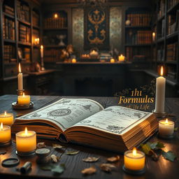 An artistic representation of a book titled "11 Mysterious and Unique Formulas of Life" lying open on a wooden table