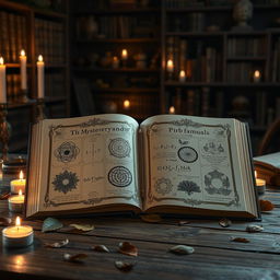 An artistic representation of a book titled "11 Mysterious and Unique Formulas of Life" lying open on a wooden table