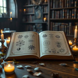 An artistic representation of a book titled "11 Mysterious and Unique Formulas of Life" lying open on a wooden table