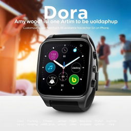 A cutting-edge technological smartwatch branded as 'Dora', showcasing a sleek and modern design with a vibrant touchscreen display