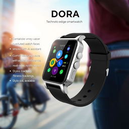 A cutting-edge technological smartwatch branded as 'Dora', showcasing a sleek and modern design with a vibrant touchscreen display