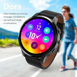 A cutting-edge technological smartwatch branded as 'Dora', showcasing a sleek and modern design with a vibrant touchscreen display
