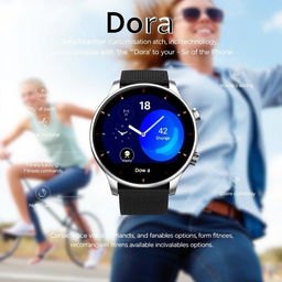 A cutting-edge technological smartwatch branded as 'Dora', showcasing a sleek and modern design with a vibrant touchscreen display