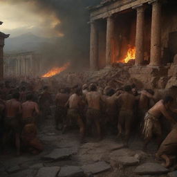 A tumultuous scene capturing the last day of Pompeii, illustrating the chaos of the people and the devastation of the city in dramatic lighting, rich textures, and intense emotions characteristic of Baroque-style art.