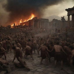 A tumultuous scene capturing the last day of Pompeii, illustrating the chaos of the people and the devastation of the city in dramatic lighting, rich textures, and intense emotions characteristic of Baroque-style art.