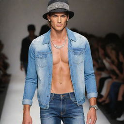 A stylish male model in slim-fit jeans, embellished with elegant jewelry, and wearing chic hats, striking a pose on the runway.