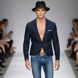 A stylish male model in slim-fit jeans, embellished with elegant jewelry, and wearing chic hats, striking a pose on the runway.