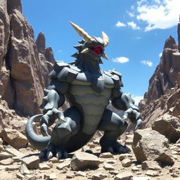 A powerful Wyranitar, a rock and dark type Pokémon, posed proudly amidst a stunning rocky landscape