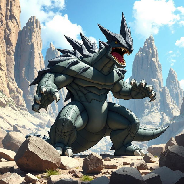 A powerful Wyranitar, a rock and dark type Pokémon, posed proudly amidst a stunning rocky landscape