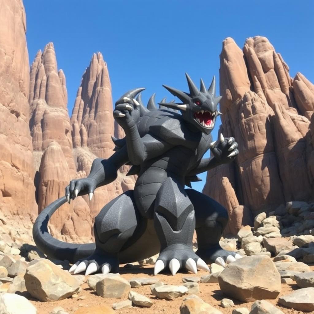 A powerful Wyranitar, a rock and dark type Pokémon, posed proudly amidst a stunning rocky landscape