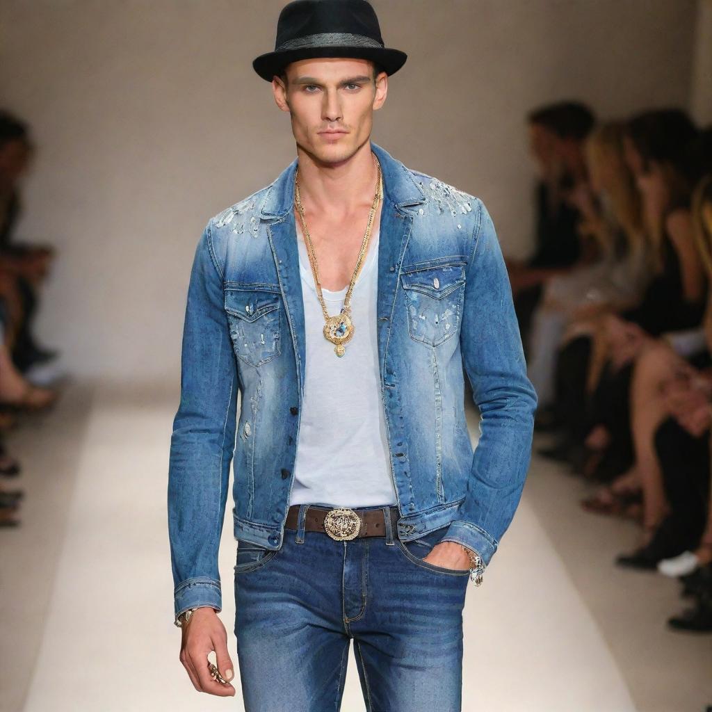 A stylish male model in slim-fit jeans, embellished with elegant jewelry, and wearing chic hats, striking a pose on the runway.