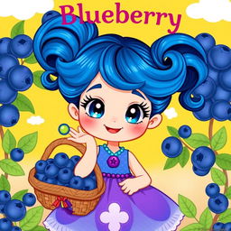 A whimsical illustration of a girl named Blueberry, with deep blue hair styled in playful curls