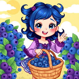 A whimsical illustration of a girl named Blueberry, with deep blue hair styled in playful curls