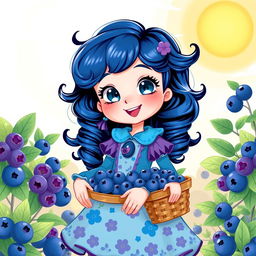 A whimsical illustration of a girl named Blueberry, with deep blue hair styled in playful curls