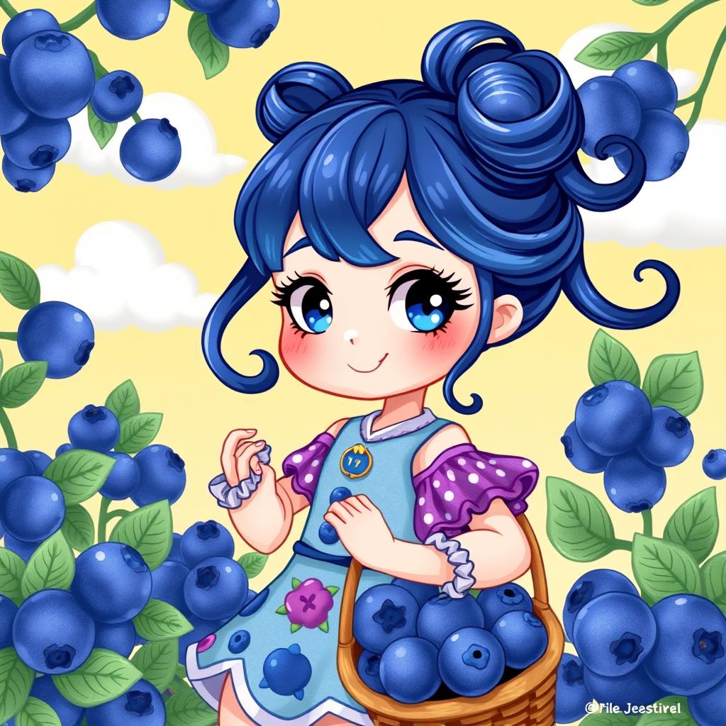 A whimsical illustration of a girl named Blueberry, with deep blue hair styled in playful curls