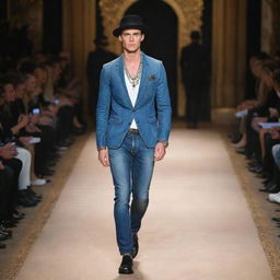 A stylish male model in slim-fit jeans, embellished with elegant jewelry, and wearing chic hats, striking a pose on the runway.