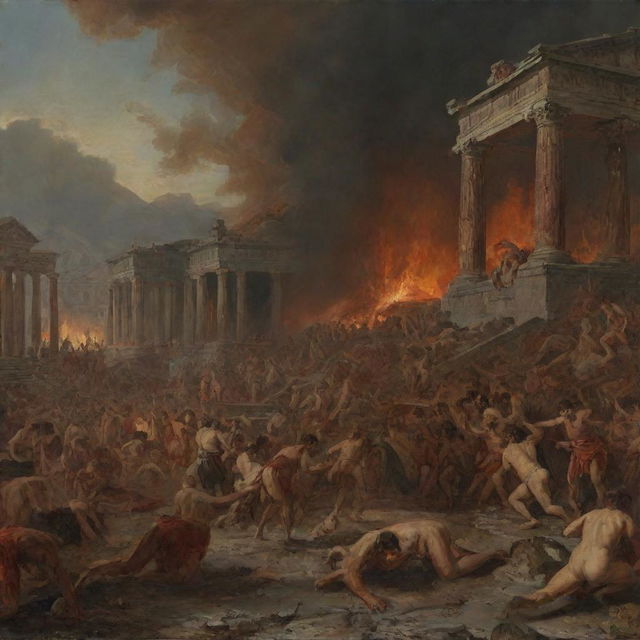 An intense portrayal of the final day of Pompeii, with terrified citizens and falling structures, imbued with a sense of dramatic foreboding and the meticulous detail characteristic of Karl Bryullov's historical painting style.