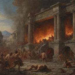 An intense portrayal of the final day of Pompeii, with terrified citizens and falling structures, imbued with a sense of dramatic foreboding and the meticulous detail characteristic of Karl Bryullov's historical painting style.