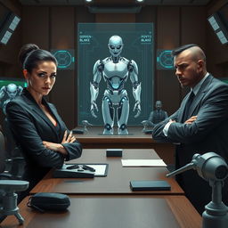 In a near future where robots are integrated into daily life, depicting an intense courtroom scene