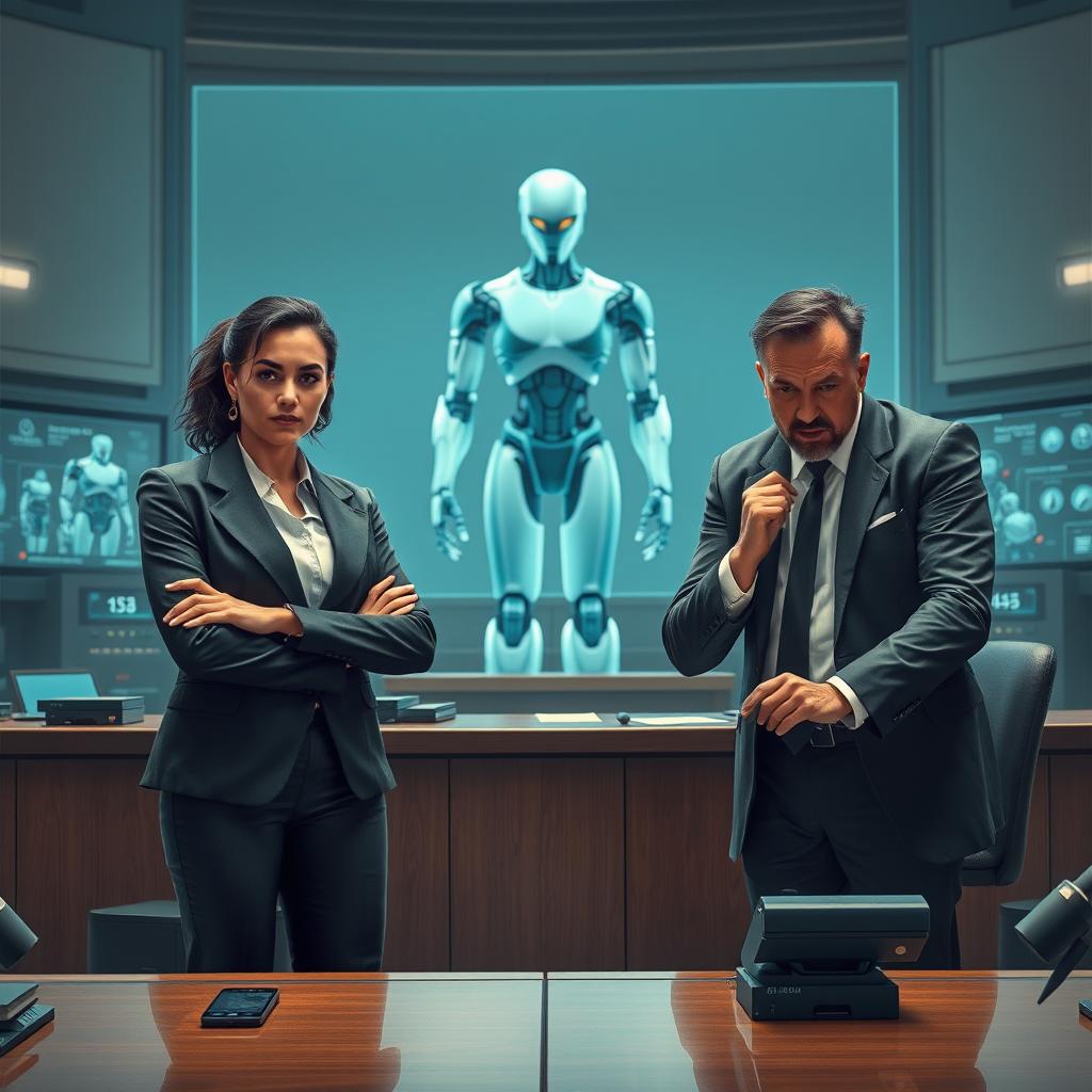 In a near future where robots are integrated into daily life, depicting an intense courtroom scene