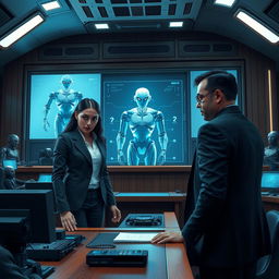 In a near future where robots are integrated into daily life, depicting an intense courtroom scene
