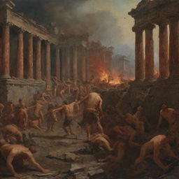 An intense portrayal of the final day of Pompeii, with terrified citizens and falling structures, imbued with a sense of dramatic foreboding and the meticulous detail characteristic of Karl Bryullov's historical painting style.